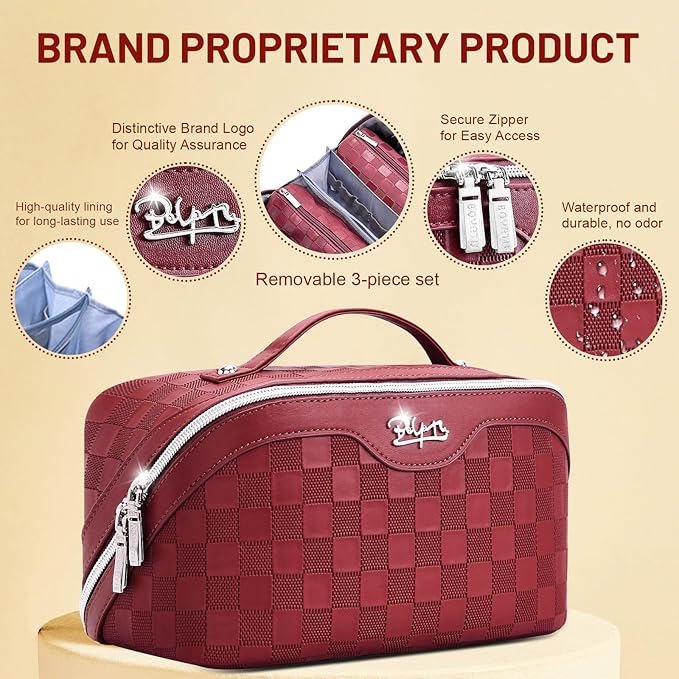 BOYATU Travel Makeup Bag Organizer: 3 Pcs Set Large Capacity Cosmetic Bags Holds 10–20 100ml Full-Size Bottles - 180°Open-Flat Make up Case 3-sec touch-up - Toiletry Bag Gift women (03-A-Red)