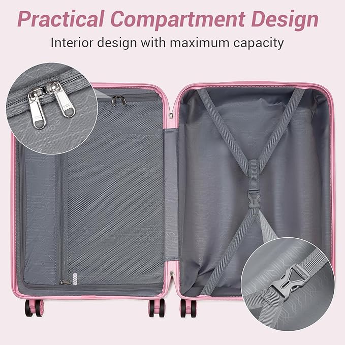 Kono Carry On Luggage 24 Inch Checked-Medium Hard Shell Travel Trolley 4 Spinner Wheels Lightweight Polypropylene Suitcase with TSA Lock, Pink