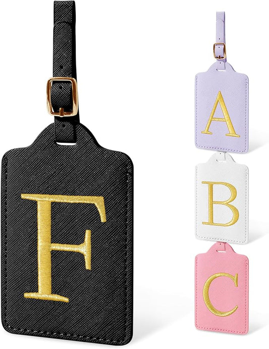 Initial Letter Luggage Tags for Suitcases, Embroidered Monogrammed Suitcase Luggage Identifier Name Tag, PU Leather TSA Approved Luggage Tags, Bag Tags for Men Women Kids Luggage Handbags(Black F)