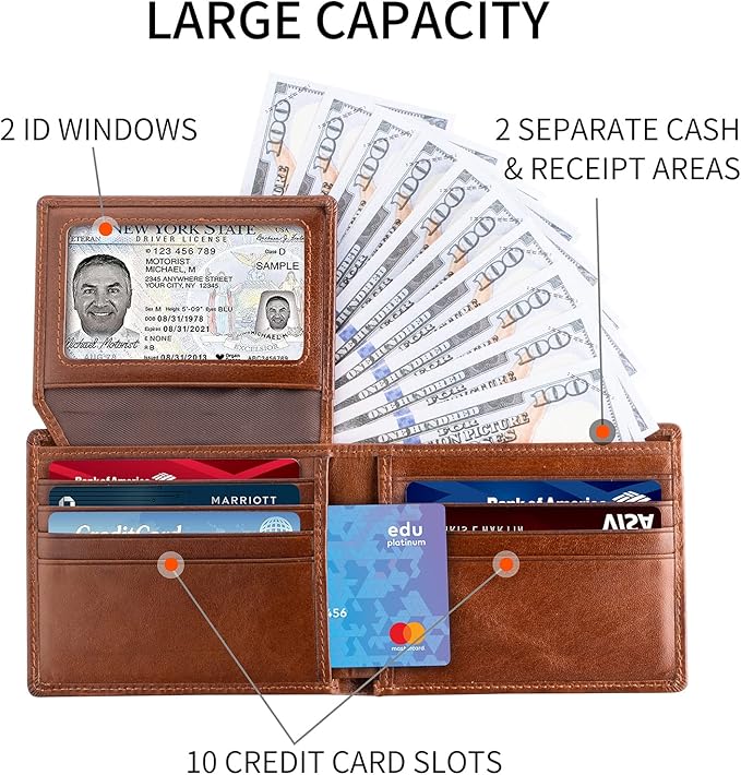 Sigtrenx Leather Wallets for Men, Genuine Leather Mens Wallets Bifold Rfid Blocking with 2 ID Windows