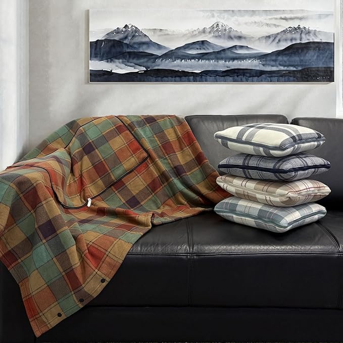 forestfish Wearable Blanket Compact Pillow 2-in-1, Lap Blanket Poncho with Button Plaid Throw Cushion for Home Office Sofa