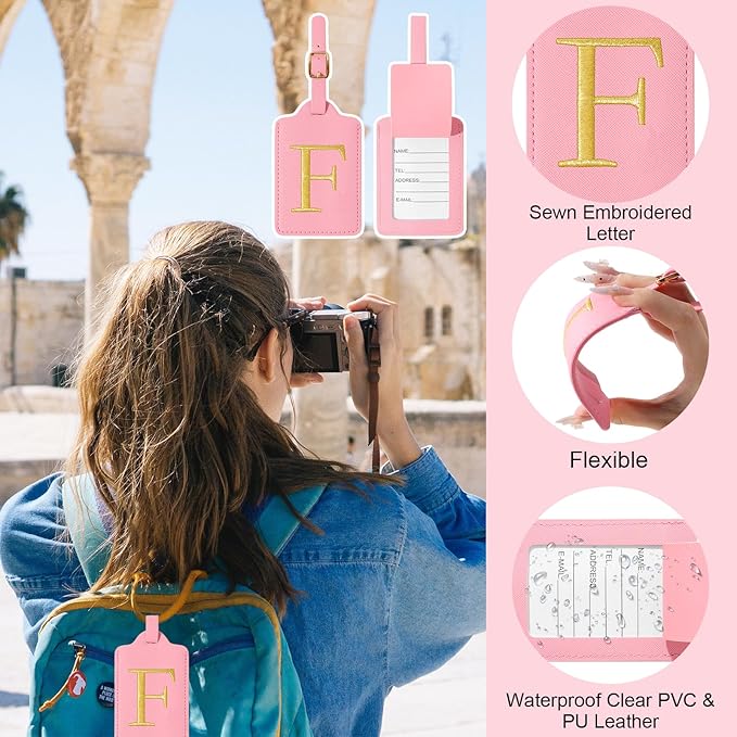 Initial Letter Luggage Tags for Suitcases, Embroidered Monogrammed Suitcase Luggage Identifier Name Tag, PU Leather TSA Approved Luggage Tags, Bag Tags for Men Women Kids Luggage Handbags(Pink F)