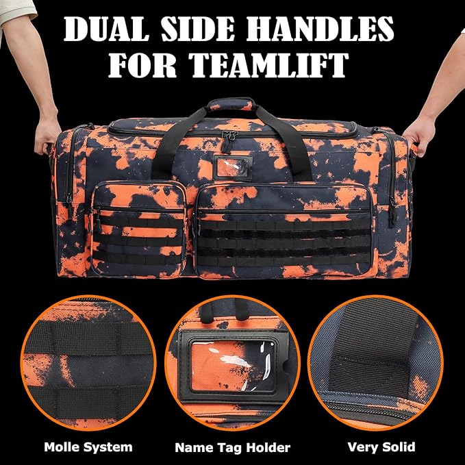 Extra Large Duffle Bag for Men, Heavy Duty Duffle Bag for Travel, Large Sports Gym Equipment Bag for Hockey Football Soccer Baseball Basketball & Team training (Orange Graffiti)