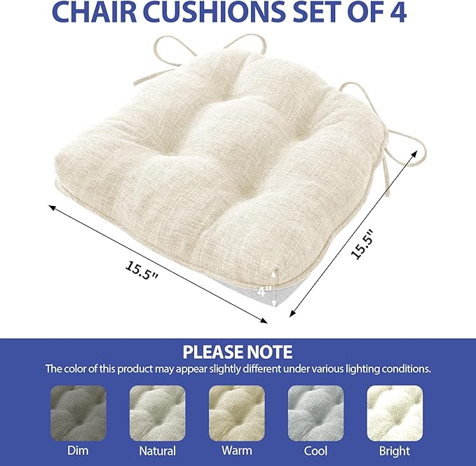 Chair Cushions for Dining Chairs Set of 4, Kitchen Chair Cushions, Chair Pads with Ties and Non Slip Backing, Tufted Memory Foam Seat Cushion 4 Pack, 15.5" x 15.5" x 4", Cream
