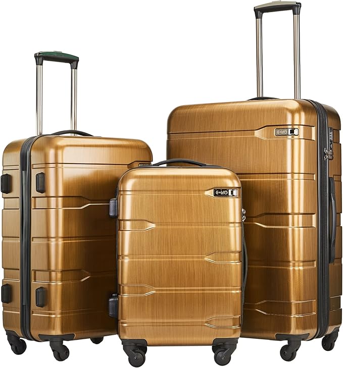 Coolife Luggage Set 3 Piece Hardside PC+ABS Suitcase with TSA Lock, Expandable Large Checked Luggage, Lightweight Rolling Carry On with Spinner Wheels(20/24/28 Inch, Black Brown)