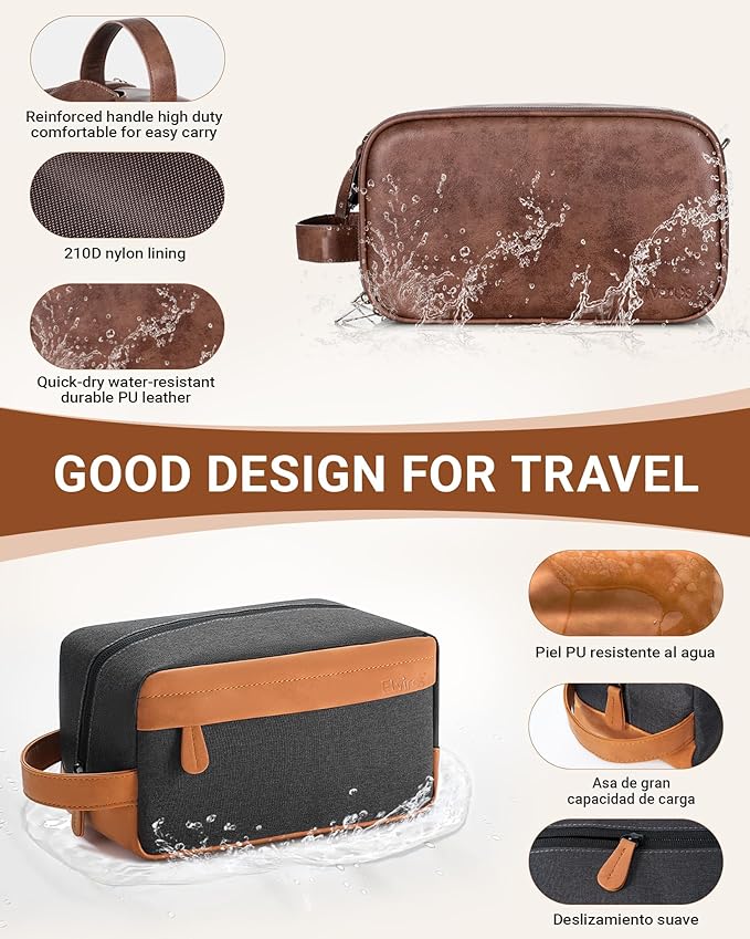 Elviros Travel Toiletry Bag Gift for Men，Mens Toiletries Bag Gifts Set Shaving Dopp Kit Water-resistant Bathroom Toiletries Organizer PU Leather Cosmetic Bags 2 Pack Dark Brown and Brown