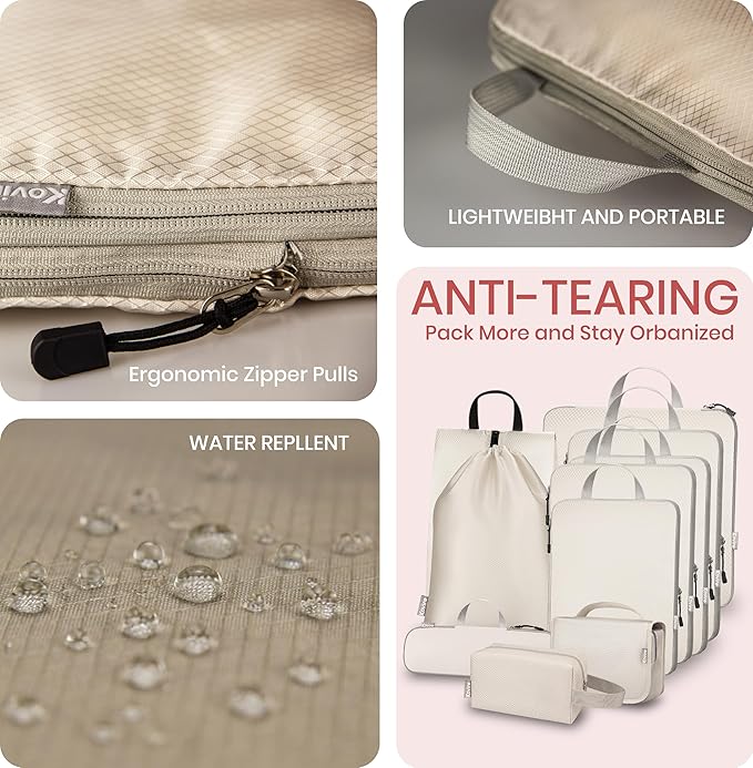 Compression Packing Cubes for Travel, Set of 10 Expandable Luggage Organizers with Shoe Bag, Lightweight Water-Resistant Suitcase Essentials for Carry-on & Checked Luggage, Apricot