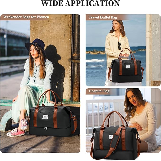 Weekender Bags for Women,Extra Large Travel Duffle Overnight Bag with Shoe Compartment,Personal Item Carry On Bag with Grid Toiletry Bag,Black & Brown