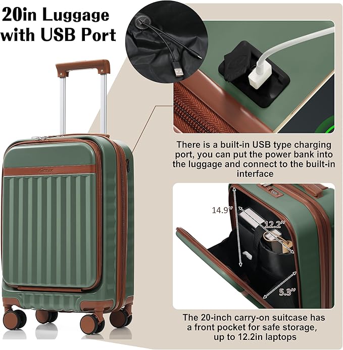 Hardshell Luggage, Lightweight Suitcase with Spinner Wheels, GREEN+USB