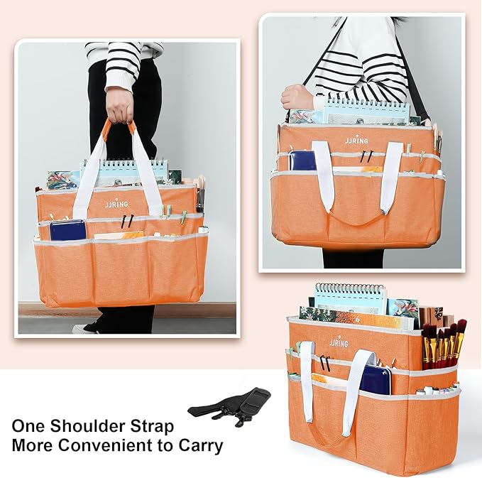JJRING Craft Organizer Tote Bag, Large Art Storage Caddy with Multiple Pockets, Orange Sewing Bag for Art, Craft, Scrapbooking, School, Medical, and Office Supplies Storage