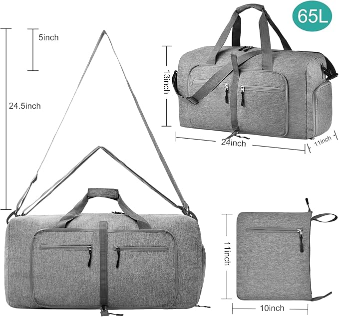 Dimayar 65L Travel Duffle Bag for Men Women - Foldable Duffel Bag with Shoes Compartment - Overnight Bags Waterproof & Tear Resistant(Gray)