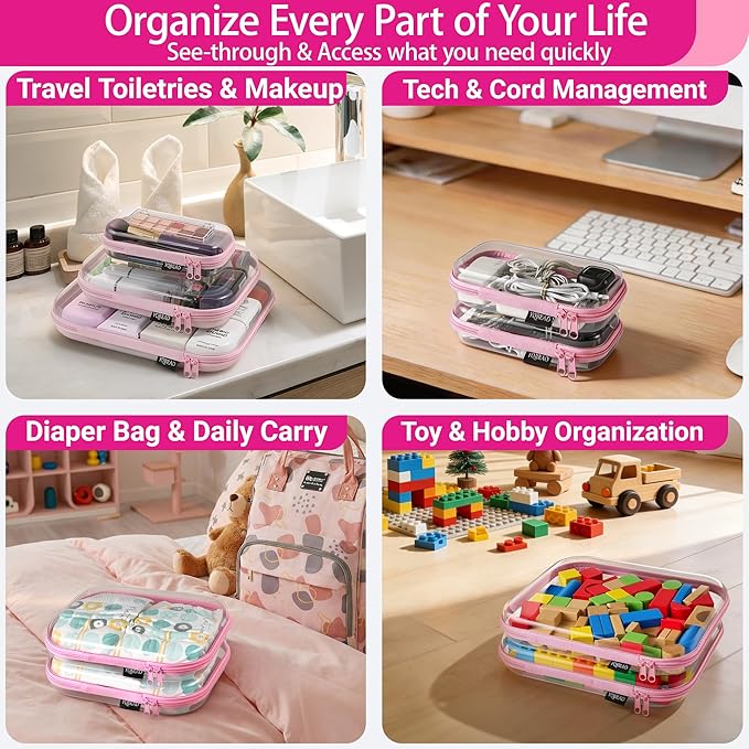YQBRAO 3 Pack Hard Sided Clear Zipper Case for Storage- Thickened-Grade Clear Hard Shell Zipper Case for Organizing Bead, Handicrafts, Sewing, Playdoh (Pink, LMS)