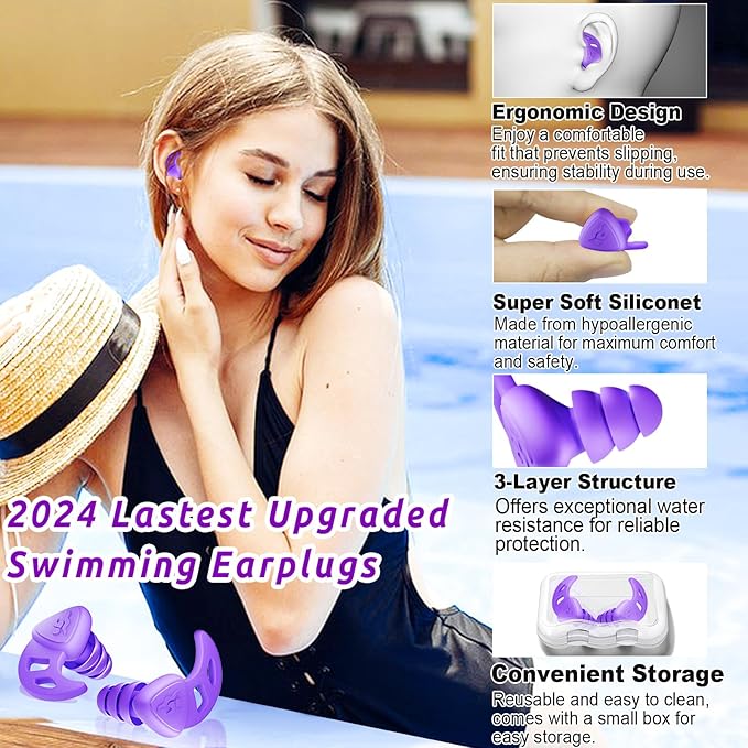 Waterproof Swimming Ear Plugs for Adults - 4 Pairs of Reusable Soft Silicone Swim Earplugs,Perfect for Surfing, Diving,Pool,Showering and Other Water Sports - Keep Water Out and Ear Protection