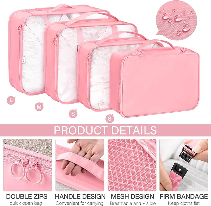 KPX 8 Set Packing Cubes for Travel, Luggage Packing Organizers Accessories Large Toiletries Bag for Clothes Shoes Cosmetics (Pink)