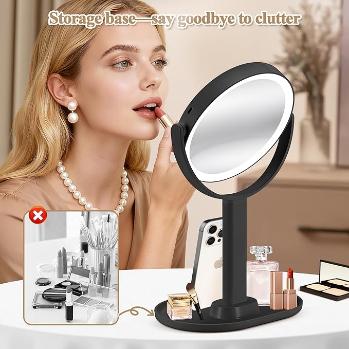 MOMOKUBA Makeup Mirror with Lights, Double Sided 1x/30x Magnifying Mirror with Light, Rechargeable 3 Color Lights and Adjustable Brightness, 360° Rotation Detachable Comes with Tweezer(Dark-30X)