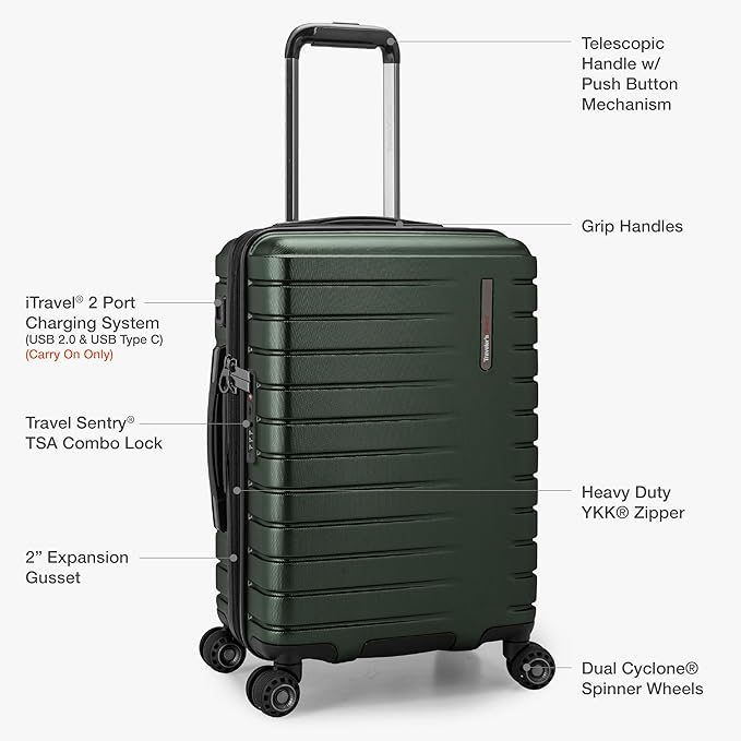 Traveler's Choice Archer Polycarbonate Hardside Spinner Luggage Set, Tie Down Straps, Green, Carry-On 21-Inch