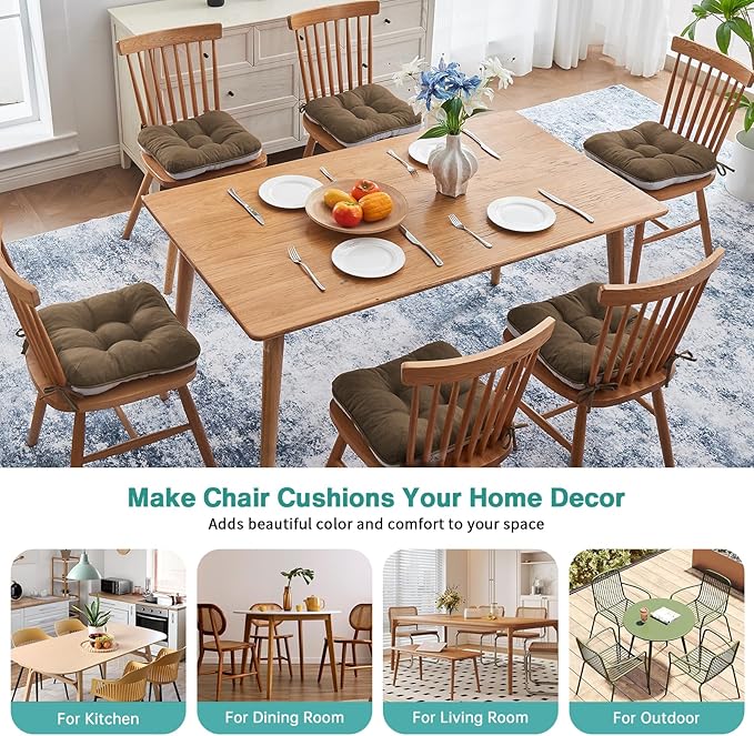 BETU Chair Cushions for Dining Chairs Set of 6,3.5" Thick Kitchen Table Chair Pads with Ties,Non Slip Backing and Covers, Seat Cushion for Dining Room,Bar,Patio Chairs,16"X16"X3.5",Brown