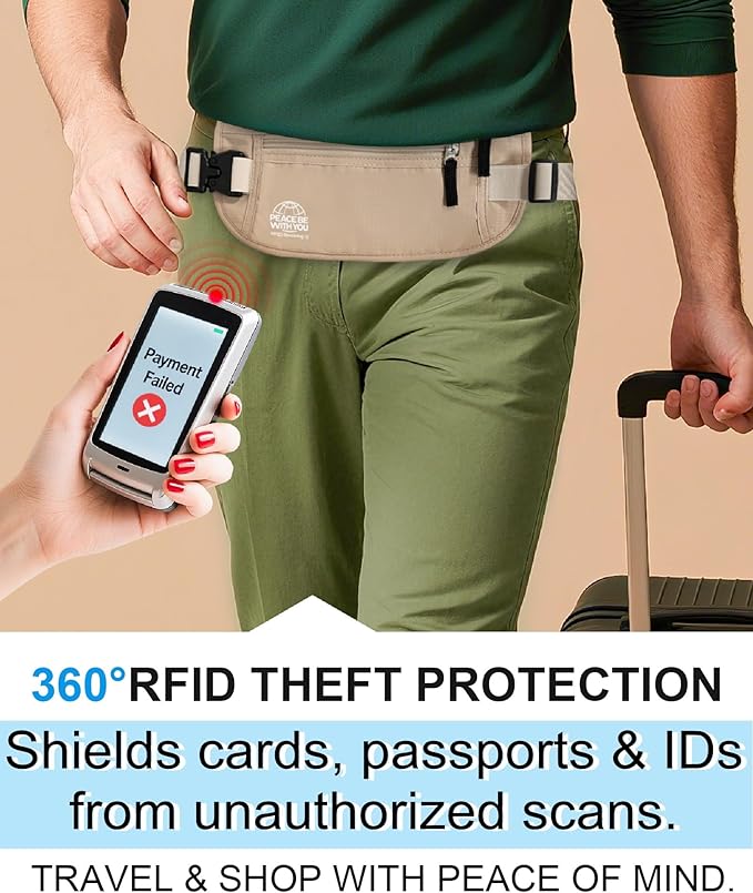 Hidden Money Belt for Travel, RFID Blocking, Sweat-Proof, Heavy-Duty Buckle, 3rd Gen Waist Wallet Anti Theft to Protect Cash, Credit Cards and Documents Under-Clothes for Men & Women, Beige
