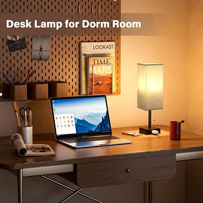 Bedside Lamp for Bedroom Set of 2 - Grey Table Lamp for Nightstand | AC Outlet, 3 Color Temperatures, LED Bulb Included, Pull Chain Design, 14" Rectangular Desk Lamp for Dorm/Office, 2-Pack
