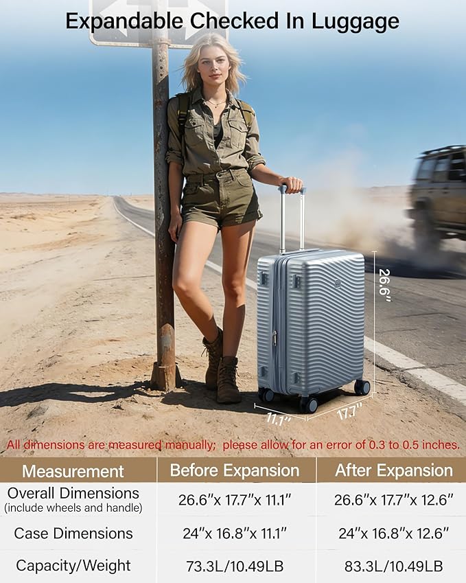 MILADA 24 Inch Expandable Checked Luggage - Hardshell Suitcase with Wheels, TSA Lock, Durable PC Shell, Checked Baggage, Lightweight & Scratch-Resistant, Arctic Silver