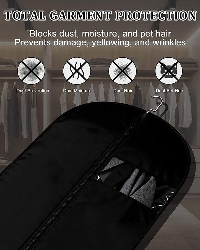 65-Inch Garment Bags for Hanging Clothes, Clear Window Dust-Proof Suit Bags for Suits Coats Dresses - Closet Storage & Travel Garment Covers (Black)