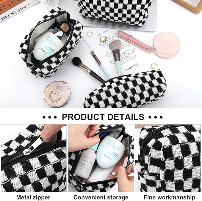 EIMMBD Makeup Bag 3 Pieces Large Capacity Checkered Cosmetic Bags Travel Toiletry Bag Organizer Cute Makeup Pouch Storage for Women(Black)