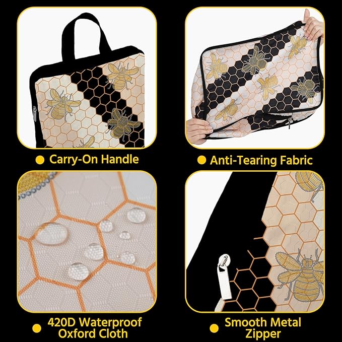 6 Pcs Compression Packing Cubes Waterproof Suitcase Travel Bag Luggage Backpack Organizer Travel Cubes for Packing-Black and Gold Bees