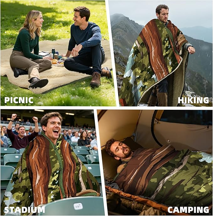 Outdoor Camping Blanket with Sherpa Lining, Extra Warm Thick Camp Blankets and Puffy Ultralight Soft Poncho DWR Camping Quilt for Cold Weather, Adventure, Sleeping, Backpacking 78"x 56"