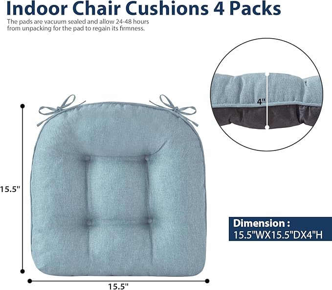Chair Cushions for Dining Chairs, Seat Cushions for Kitchen Chairs, Indoor Seat Cushions with Ties, Tufted Foam Chair Pads, Non Slip Chair Cushions Set of 6, 15.5" x 15.5" x 4", Light Blue