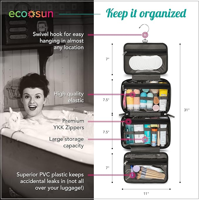 Eco Sun Hanging Travel Toiletry Bag — Designed in Hawaii — Water-resistant Travel Organizer for Bathroom Accessories (Grey)