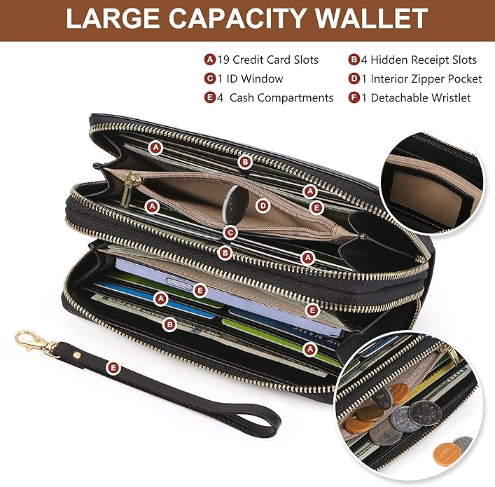 yiijay Womens Wallet RFID Blocking Large Capacity Vegan Leather Double Zip Wristlet Wallet Card Holder Travel Ladies Clutch