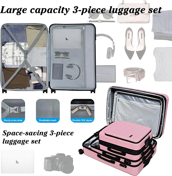SmileLine 3-Piece Luggage Set Lightweight Hardside Suitcase TSA Lock Spinner Wheels, 20" Expandable Carry-On Luggage with Quick Access Front Open Pocket, Bonus Makeup Bag, Pink