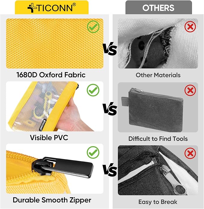 TICONN Tool Pouch, 1680D Oxford Small Tool Bag, Tool Pouches with Zipper, Clear Utility Bag Zipper Pouch for Tool Organizers and Storage (3PK Combo)