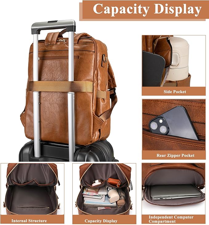 myfriday PU Leather Large Backpack Purse for Women Casual Travel Backpack Convertible Satchel Handbags With Luggage Strap (Brown)