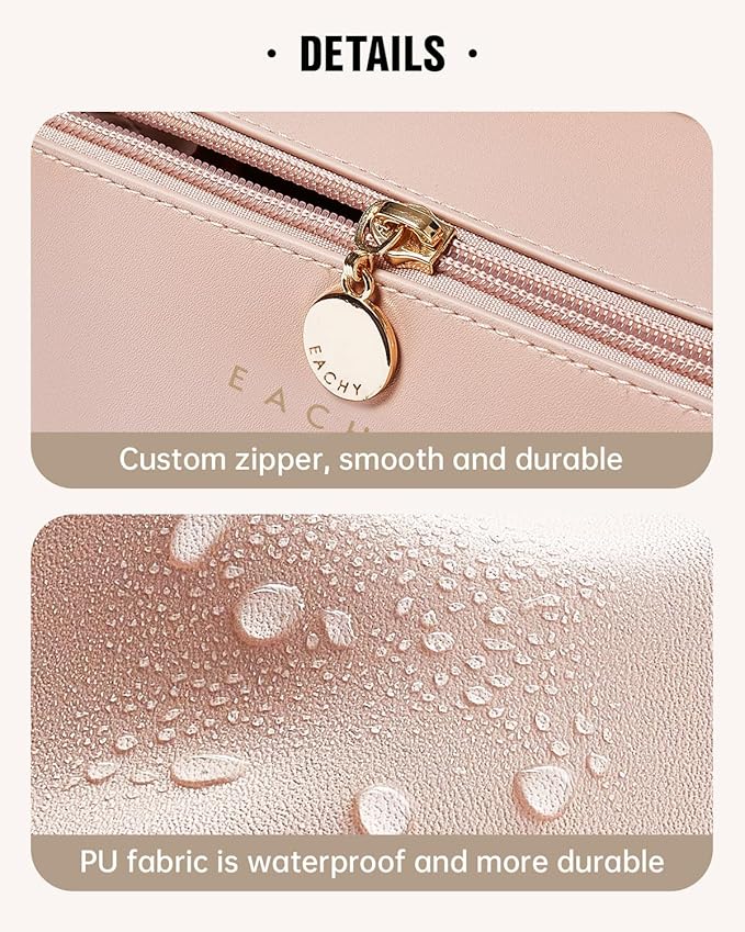 EACHY Travel Makeup Bag, Large Capacity Cosmetic Bag for Women, Waterproof PU Leather, Flat Open Portable Toiletry Bag for Skincare, Brushes & Travel Essentials