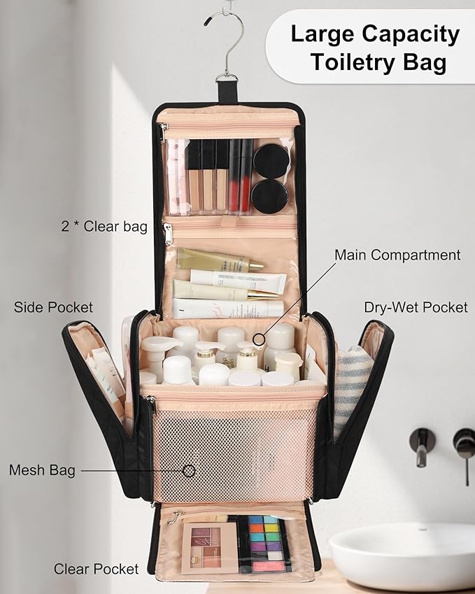 Hanging Toiletry Bag for Women, Travel Toiletry Bag Standing Toiletry Organizer with Hook Large Makeup Cosmetic Bag Portable Hanging Toiletry Organizer Bags for Full-Size Toiletries, Accessories