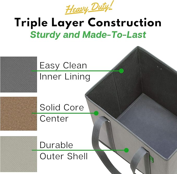 Creative Green Life Reusable Grocery Bags (3 Pack) – Heavy Duty Reusable Shopping Bags with Box Shape to Stand Up, Stay Open, Fold Flat – Large Tote Bags with Long Handles & Reinforced Bottom (Gray)