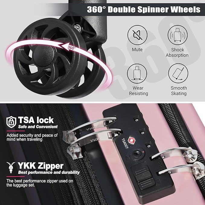 SmileLine 3-Piece Luggage Set Lightweight Hardside Suitcase TSA Lock Spinner Wheels, 20" Expandable Carry-On Luggage with Quick Access Front Open Pocket, Bonus Makeup Bag, Pink
