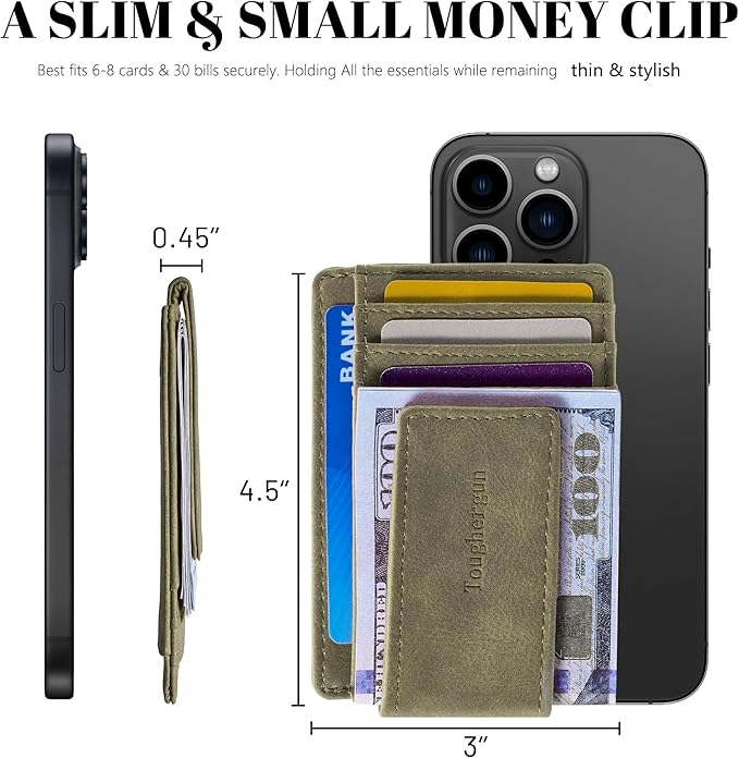 Toughergun Slim Wallet for Men RFID Blocking Money Clip, Minimalist Front Pocket Credit Card Holder, Magnetic Thin Mens Wallets with ID Window