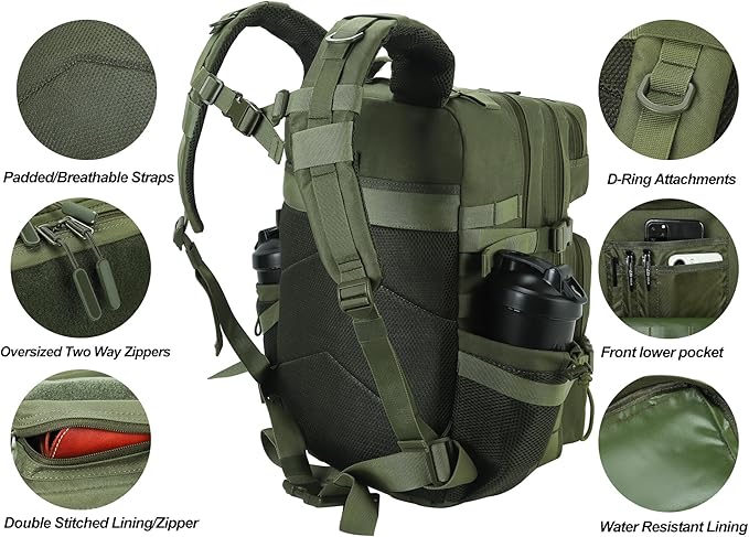 LHI Military Tactical Backpack for Men and Women 45L Army 3 Days Assault Pack Bag Large Rucksack with Molle System - Green
