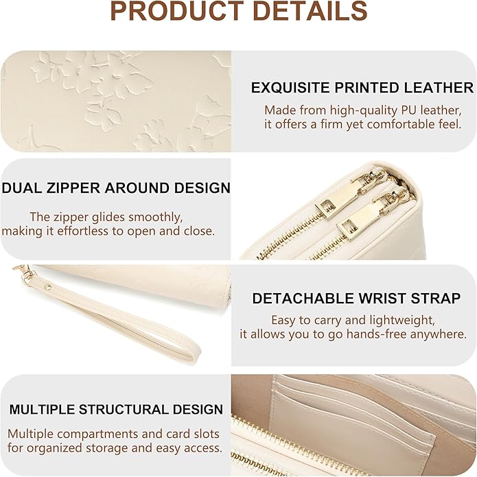 yiijay Womens Wallet RFID Blocking Large Capacity Vegan Leather Double Zip Wristlet Wallet Card Holder Travel Ladies Clutch