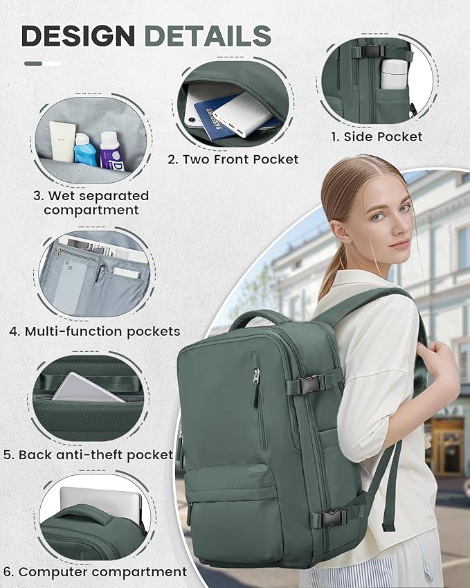 VECAVE Vacuum Travel Backpack with Pump for Women, Personal Item Carry on Backpacks Flight Approved 18x14x8 inches for Men,Laptop Waterproof Work Compression bags Casual Daypack. (Green)