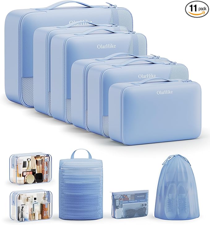 11 Set Packing Cubes for Travel, Gifts for Women Mom Kids, TSA Approved Bags for Makeup, Cosmetic, Toiletry, Suitcase Organizers for Checked Luggage, Cruise Essentials,Airplane Accessories, Light Blue