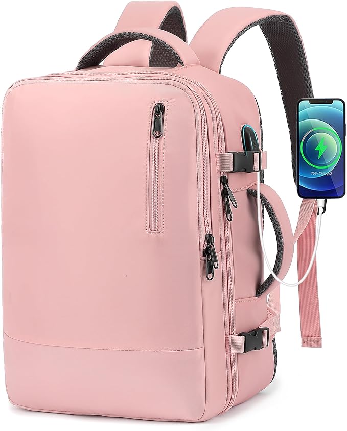 TANTOMI Small Travel Backpack for Women, 15.6 Inch Laptop Backpack Flight Approved, Carry-On Bags with USB Charging Port & Shoe Pouch, Casual Daypack on Airplane for Weekender Work Business, Pink