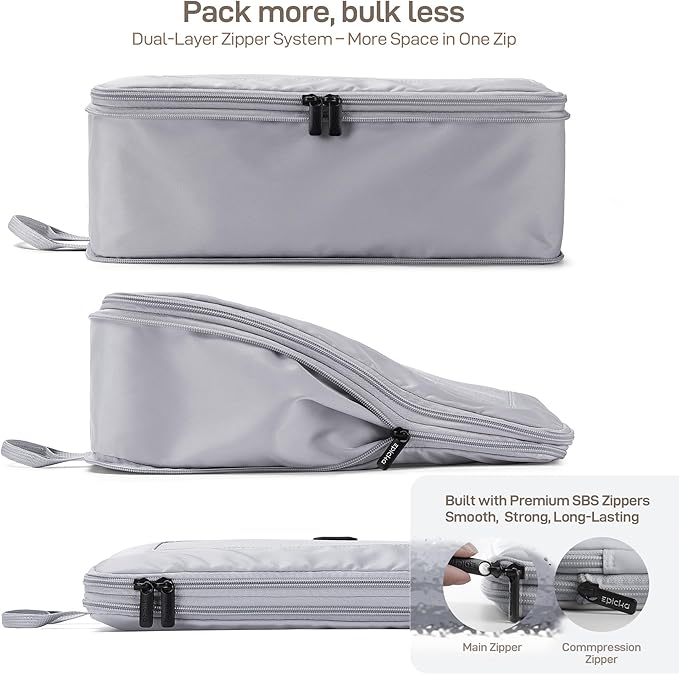EPICKA TripCozy Compression Packing Cubes - 4 Set Durable Travel Organizer Bags with Mesh Top, Expandable Travel Accessories for Carry on, Luggage, Suitcase, Backpack (Light Grey)