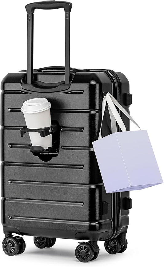 KYME Carry On Luggage 22x14x9 Airline Approved Hardshell Carry On Suitcases with Wheels Travel Rolling 20 Inch Luggage with Cup Holder for Men Women,Carry-on Black
