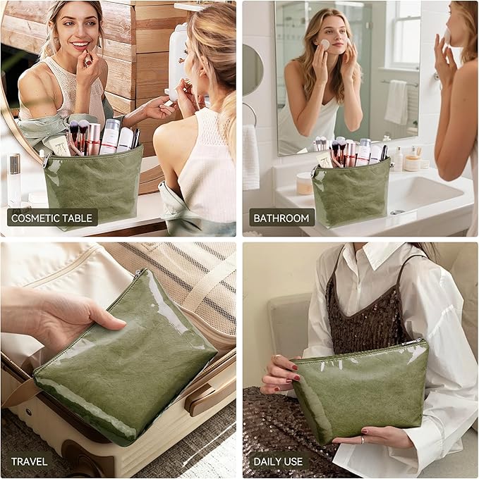 WLLWOO PVC Waterproof Makeup Bag Kraft Paper Cosmetic Bag Travel Toiletry Zipper Pouch Organizer for Women Purse