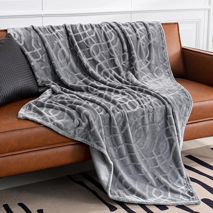 Soft Cozy Fleece Throw Blanket, 50x60 Inches – Lightweight Plush Blanket for Couch, Fuzzy 3D Jacquard Design, for Sofa, Bed & Travel - Light Grey