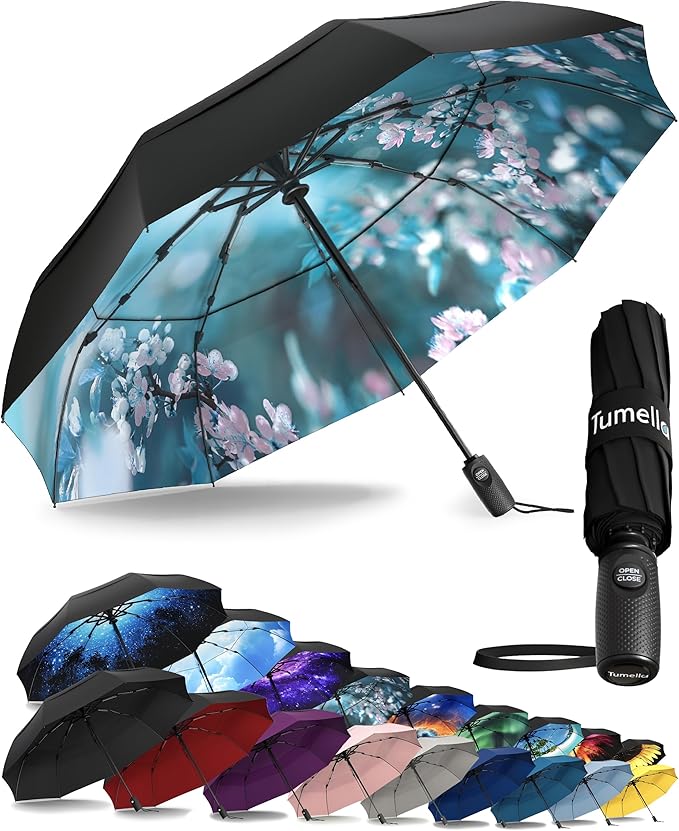 TUMELLA Strongest Windproof Travel Umbrella (Compact, Superior & Beautiful), Small, Wind-Tested, Light & Portable, Automatic Folding Rain Umbrella, Durable Premium Grip, Fits Car and Backpack