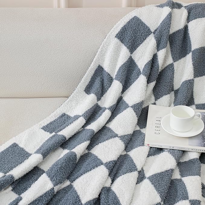 bearberry Fuzzy Checkerboard Grid Throw Blanket Knitted Soft Cozy Warm Microfiber Blanket Decor for Couch Sofa Bed Travel Home (Charcoal Grey, 50''x60'')